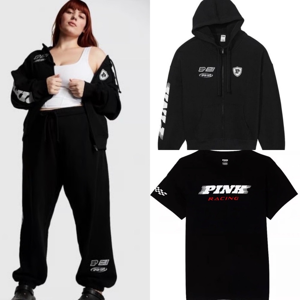 Black VS PINK Racing Series Zip-Up Hoodie, Sweatpants, & Campus Tee 3-Piece Set
